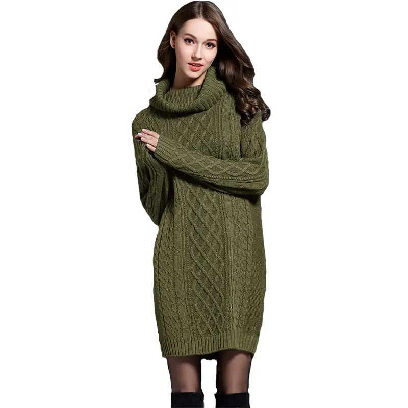 겨울 캐주얼 따뜻한 터틀넥 스웨터 긴 드레스 솔리드 두꺼운 소재 플러스 사이즈 여성 스웨터