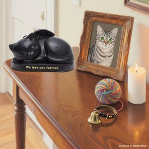 Urna per Gatti Dormienti <span class=keywords><strong>con</strong></span> <span class=keywords><strong>Ali</strong></span> d'<span class=keywords><strong>Angelo</strong></span>, Statua Commemorativa in Resina Nera per Ceneri di Animali Domestici, Decorazione per la Stanza e Regali di Lutto - Product Image 4