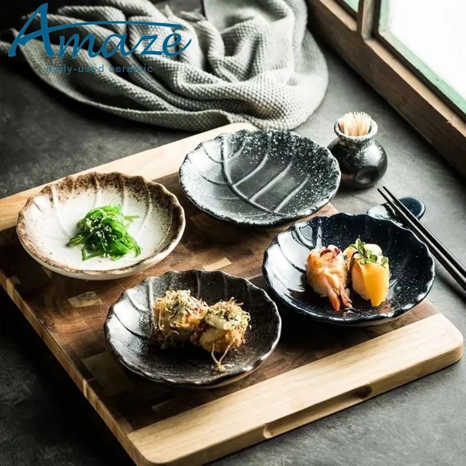 Custom Logo Embossed Leaf Shape Japanese Style Appetizer Serving Vintage Ceramic Unique Plates For Sushi