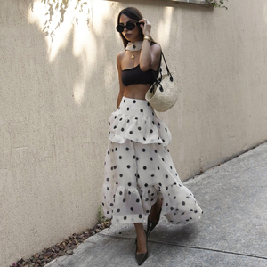 French Street Vacation Polka Dot Color Block Ruffle Asymmetrical <b>Skirt</b> Elegant Instagram Style Retro Relaxed Tiered Midi <b>Skirt</b> - Product Image 5