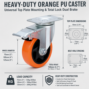 Roue pivotante robuste de 5 pouces avec bande de roulement en PU orange, silencieuse et protectrice pour le sol, pour chariot - Product Image 2