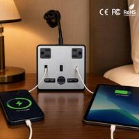 Centro de Conexión Inteligente para Hoteles: Reloj Despertador Digital con Tomas de Corriente con Protección Contra Sobretensiones, Estación de Carga Rápida con Doble USB-A y Tipo-C PD