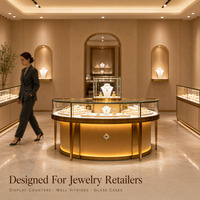 Vitrine de présentation de bijoux ronde en verre doré sur mesure OEM ODM, vitrine éclairée pour grand magasin