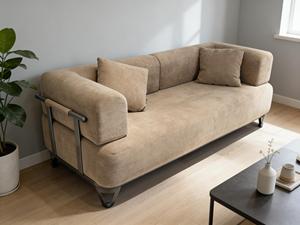 Canapé modulaire 3 places en velours capitonné kaki clair avec accoudoirs en métal noir pour petits appartements, parcs et écoles - Product Image 4