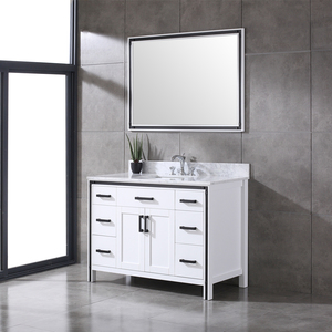 Industrial <b>White</b> Wooden Freestanding Bathroom Vanity Marble Wash Basin Cabinet with Black <b>Frame</b> <b>Mirror</b> Home Hotel Use - Product Image 3