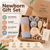 Coffret Cadeau Créatif pour Bébé - Trousse de Soins pour le Bain, Hochet Tricoté, Anneau de Dentition Apaisant, Jouets en Bois - Ensemble de 6 Pièces pour 0-24 Mois