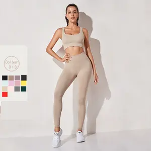 Ropa de gimnasio personalizada para mujer, traje deportivo al por mayor, Top corto de cintura alta, Leggings sin costuras, conjunto de Yoga