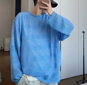 เสื้อยืดผู้ชายแขนยาวคอกลมแต่งชายครุยสีฟ้าอ่อนสไตล์ญี่ปุ่นแบบสบายๆ น้ำหนักเบา ระบายอากาศได้ดี - Product Image 2