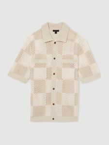 <b>Short</b> <b>Sleeved</b> Hollowed Out Mesh Knitted Sweater <b>Summer</b> <b>Cardigan</b> Top Men's Polo T-shirt Cotton Checkered Crochet Polo Shirt - Product Image 5