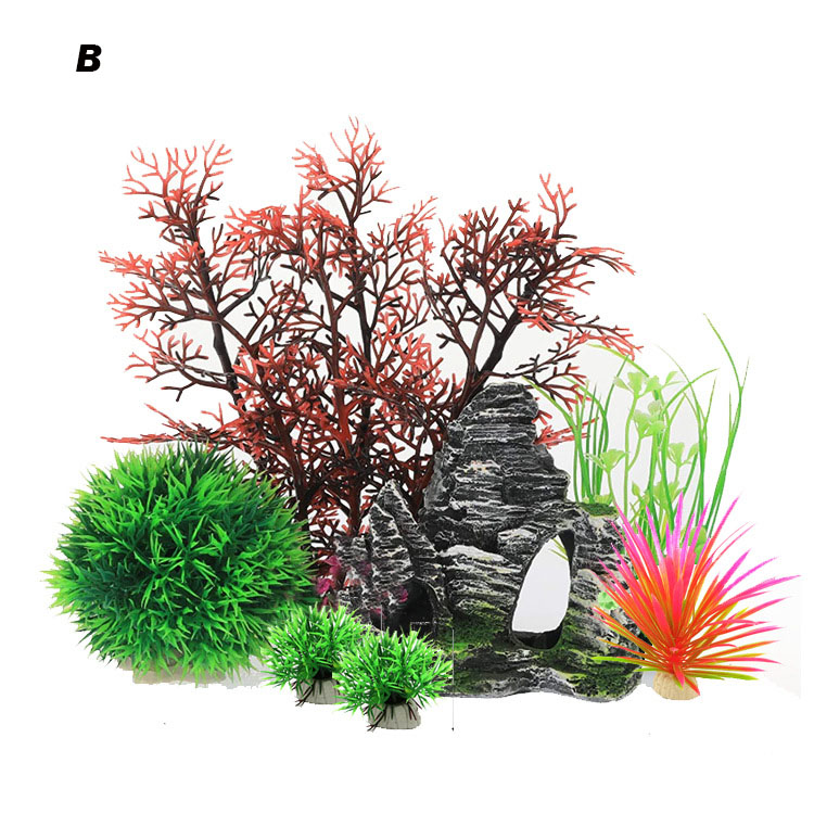판매 최고의 새로운 도착 플라스틱 시뮬레이션 수생 식물 물고기 탱크 장식 수족관 동굴 바위 장식 세트 가격