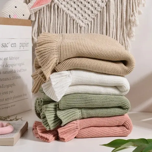 Bộ đồ giường sơ sinh cotton dệt kim Chăn quấn bé gái món quà tốt nhất handmade Ruffle cạnh đan chăn