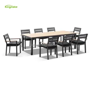 Garden used white color 8 seater dining table and chairs outside table aluminum furniture teak wood top outdoor patio furniture