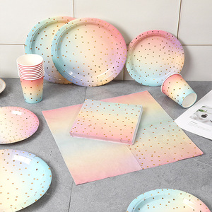 Hanlin Disposable Party Tableware Set Paper Plates Cups Napkins Rainbow Gold Dots Pattern For Party - Product Image 2