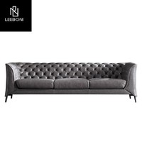 Canapé Chesterfield 4 places moderne de haute qualité en métal pieds bouton tufté en cuir véritable gris