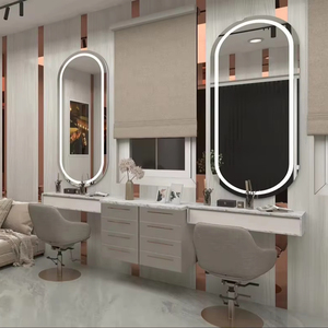 Professional Barber <b>Work</b> <b>Station</b> with Wall Mirror | Custom Hair Salon Furniture & Barbershop Design - Product Image 1
