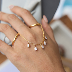 Anillo Doble Abierto con Borla de Cadena Única y Zirconia en Forma de Lágrima, Chapado en Oro de 18K sobre Acero Inoxidable, de J&D Jewelry para Mujer - Product Image 4