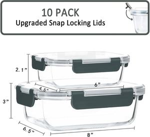 10-Pack Airtight Leak-Proof Glass Meal Prep <b>Container</b> Transparent Lid Freezer Microwave Oven Safe Dishwasher Friendly Food - Product Image 2