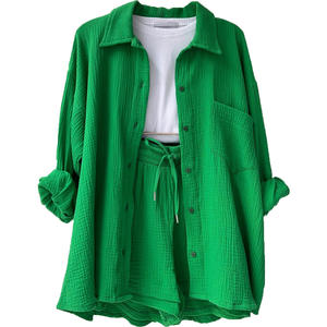 Vêtements <span class=keywords><strong>de</strong></span> nuit décontractés Ensemble deux pièces Pyjamas pour femmes Col rabattu Hauts <span class=keywords><strong>de</strong></span> nuit Costumes avec short Cardigan en <span class=keywords><strong>gaze</strong></span> Homewear Été - Product Image 1