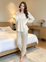 Pyjama long en satin uni et lisse pour femme, taille élastique, manches longues, style décontracté et luxueux, idéal pour le printemps