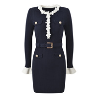 Robe courte moulante en tricot pour femme, élégante, à col rond, manches longues évasées, ornée de fleurs et de perles, avec ceinture