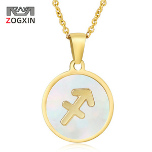 Zogxin <b>Constellation</b> Pendant 18K Gold Plated Stainless Steel Round Shell Zodiac <b>Necklace</b> Women's Jewelry Everyday Wear - Product Image 1