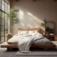 Lit double de style Wabi-Sabi du milieu du siècle, suite principale, lit bas en bois massif de 18 m avec fonctionnalités personnalisables