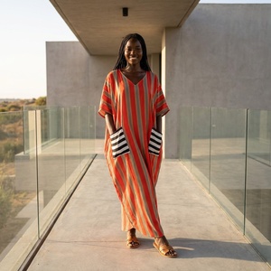 Robes Kaftan Musulmanes 2026 – <span class=keywords><strong>Robe</strong></span> Longue Décontractée Ample à Col en V Imprimé Rayé avec Poches pour Femme – <span class=keywords><strong>Robe</strong></span> Africaine Boubou - Product Image 5