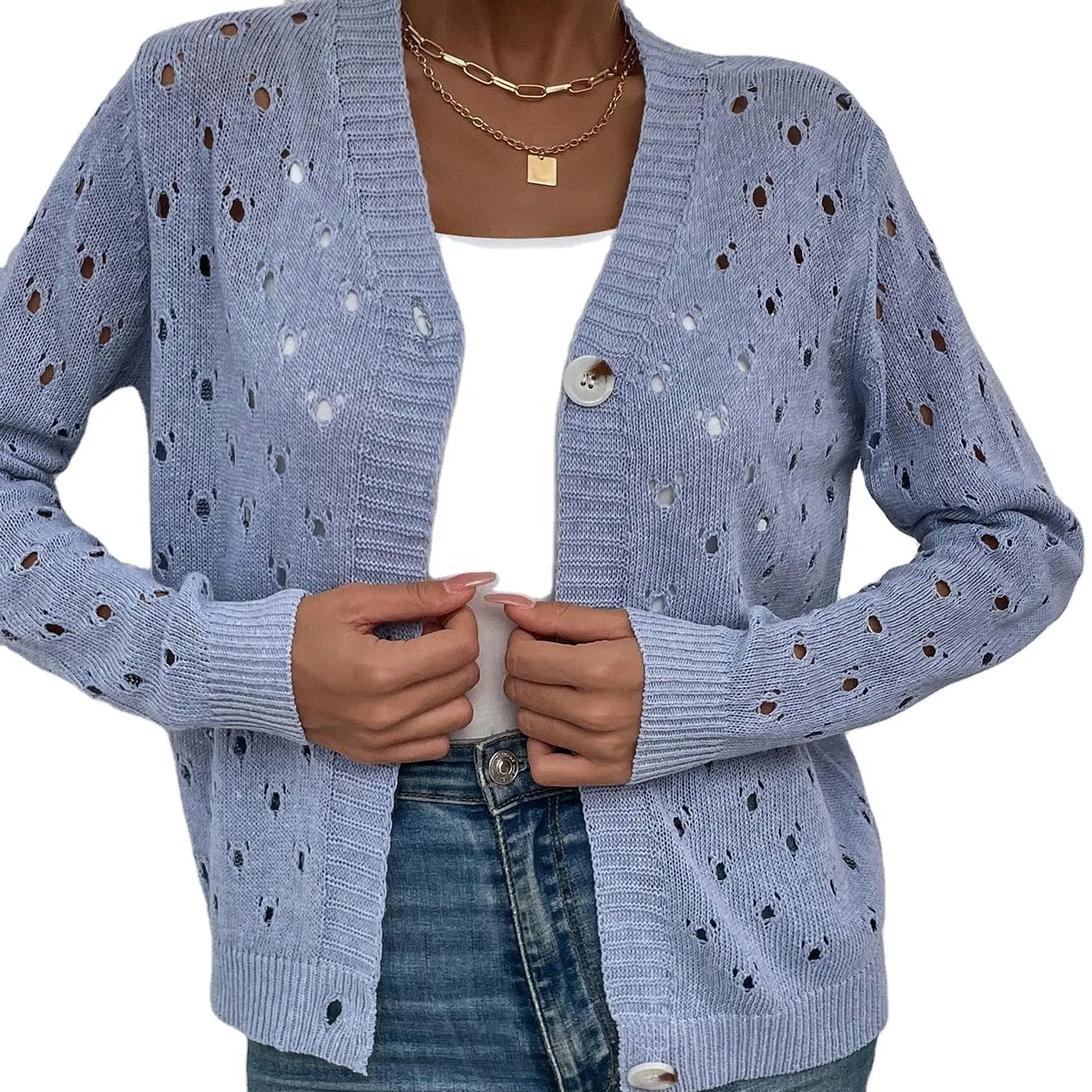 Woman Cardigan Sweater Coat Cardigan Blue Single-Breasted Sweater Streetwear Oem Hollowed Out Sweater