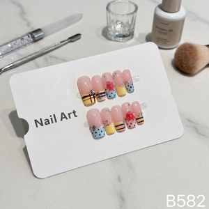 <span class=keywords><strong>Uñas</strong></span> Postizas Hechas a Mano B582, Almendradas, Manicura Francesa, Rosa Pastel, Amarillo, Azul, <span class=keywords><strong>con</strong></span> Puntos, <span class=keywords><strong>Rayas</strong></span>, Estrellas y Flores - Product Image 4