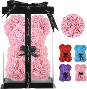 투명 선물 상자와 10 인치 로즈 테디 베어 인공 플라스틱 영원한 장미 꽃 곰 선물 휴일