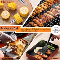 Ensemble d'outils de barbecue multi-pièces en acier inoxydable SEB avec poignée anti-brûlure effet bois pour usage extérieur - Retournement, découpe et fabrication de brochettes