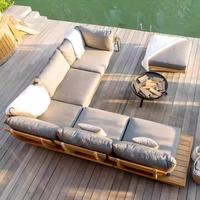 Ensemble de canapés d'extérieur de qualité commerciale en teck moderne de luxe, résistant aux intempéries, pour hôtel, jardin, terrasse