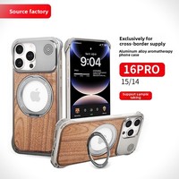 Étui pour iPhone en aluminium magnétique sans cadre avec dos en bois véritable, support rotatif à 360° pour iPhone 16 15 14 Pro Max / Pro