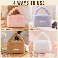 Pochette Cosmétique Douillette en Fausse Fourrure à Poils Longs avec Poignée Pompon, Sac de Maquillage en Peluche à Fermeture Éclair Large et Grande Capacité pour Voyage et Articles de Toilette