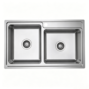 Évier de cuisine double carré en acier inoxydable brossé, sur mesure pour la maison - Product Image 1