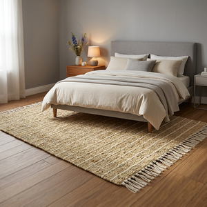 Tapis d'intérieur rectangulaire en jute rayé fait main, à poils ras, style bohème, tissage plat, pour chambre à coucher, avec bordure à franges - Product Image 1