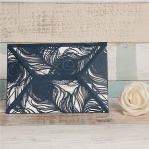 Nouvelles invitations de mariage bleu marine découpées au laser avec plumes de paon – Cartes élégantes et abordables en papier, style européen, 1 couleur - Product Image 4