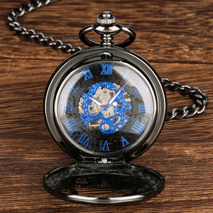 <span class=keywords><strong>Montre</strong></span> de poche mécanique manuelle pour homme, chiffres romains bleu royal, engrenages noirs, design creux, chaîne de poche, pendentif, horloge vintage - Product Image 4
