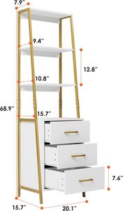 Living Room Entryway Office <strong>White</strong> Gold 3 Wooden Drawers Modern Ladder Book Shelf Storage Organizer Bookshelf <strong>Tall</strong> <strong>Bookcase</strong> - Product Image 3
