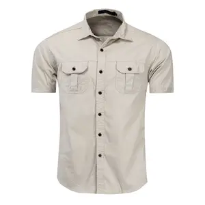 Camisas respiráveis de verão para homens, 100% algodão, cor sólida, verde, cáqui, manga curta, ar livre