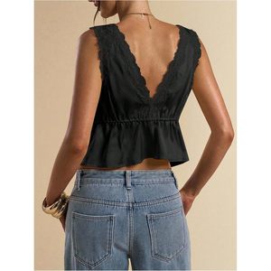 FOXA Women's Tie Front Deep V Neck Lace Trim Sleeveless Satin <b>Crop</b> <b>Top</b> - Product Image 3