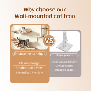 Ensemble d'ameublement mural de luxe personnalisé pour chat, en bois massif, avec arbre à chat, marches, hamac, perchoir, grande tour d'escalade et aire de jeu intérieure - Product Image 3