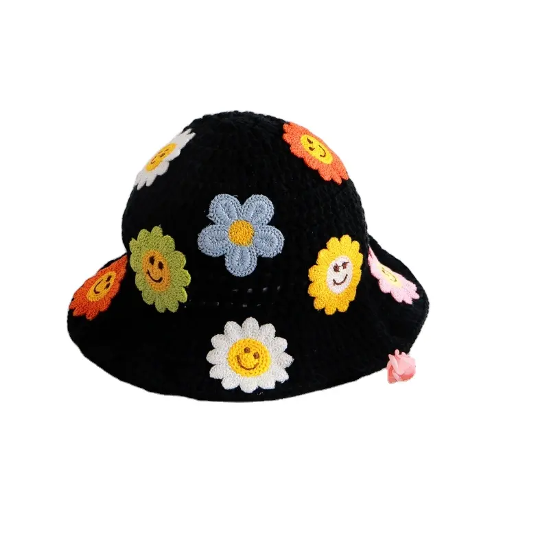 Chapéu balde de crochê com remendo feito à mão flor bonés panamá chapéu de malha com gorro de praia unissex para adultos