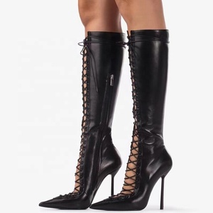 Lace up Front Cut Out Women Knee High Boots Big Size 44 Solid Stiletto Dress <b>Shoes</b> Slim Heels Side Zipper Long Boots - Product Image 4