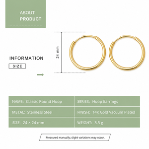 Classic Round Hoop <b>Earrings</b> Stainless Steel 14K Gold Vacuum Plated 24 mm Thin <b>Hinged</b> Circle Jewelry - Product Image 2