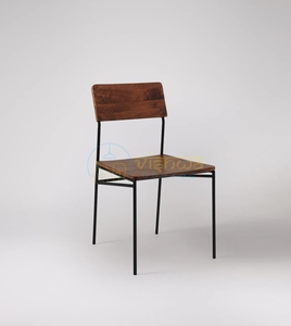 Industrial Wood and Metal <b>Dining</b> <b>Chair</b> with Slatted Backrest and Slim Black Frame Modern <b>Rustic</b> Minimalist Furniture Seating - Product Image 1