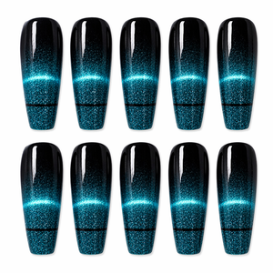 Faux ongles à presser en PMMA à paillettes bleues, certifiés CE, forme cercueil, couvrance totale, pré-dessinés, longs, pour usage professionnel en salon, 100 pièces - Product Image 1