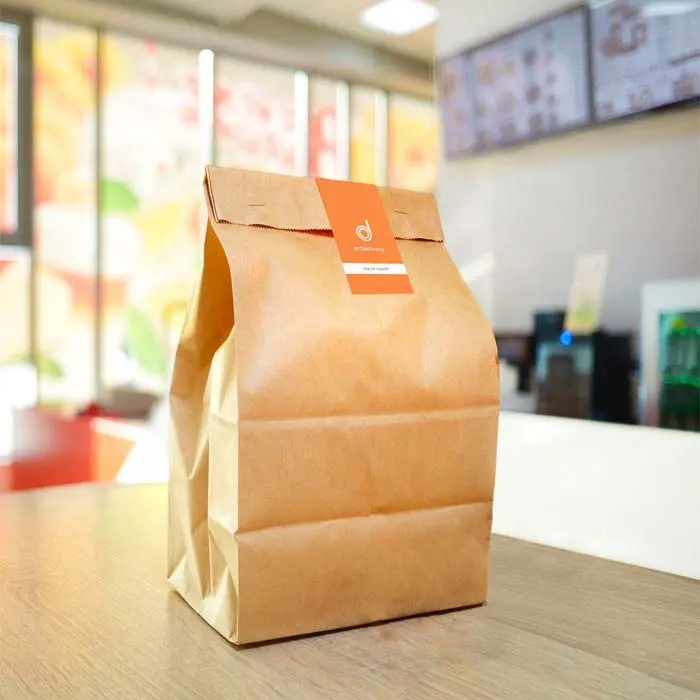 Custom eco friendly food grade take out kraft paper bag label roll packaging safety seal sticker for fast food delivery bag