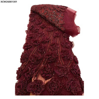 Tissu en dentelle de tulle bleu 3D avec fleurs de roses, perles et sequins, broderie florale de luxe, dentelle française perlée pour robe de mariée ou de soirée