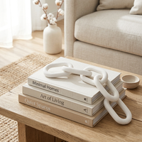 Chaîne décorative artisanale à 3 maillons en bois de paulownia blanc, effet blanchi, style minimaliste bohème, pour décoration intérieure, maillons elliptiques, pour étagère ou table